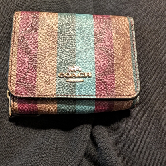 Coach Handbags - Coach Striped Multicolor Compact Wallet in Teal, Burgundy & Tan